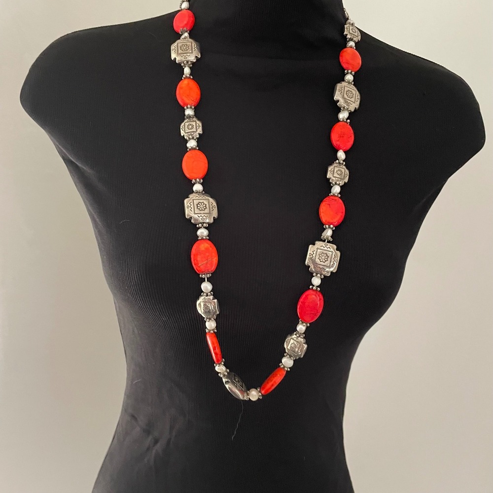 Boho Orange Stone Silver Stamped Metal Pearl Long‎ Strand Necklace 31 Inch